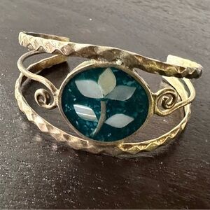 Vintage Alpaca Mexican Silver Inlay Cuff Bracelet